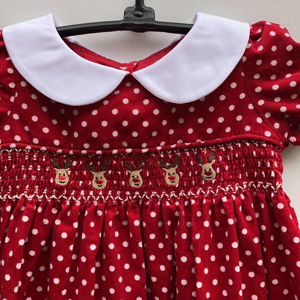 Girls Red Polka Dot Smocked Reindeer Dress